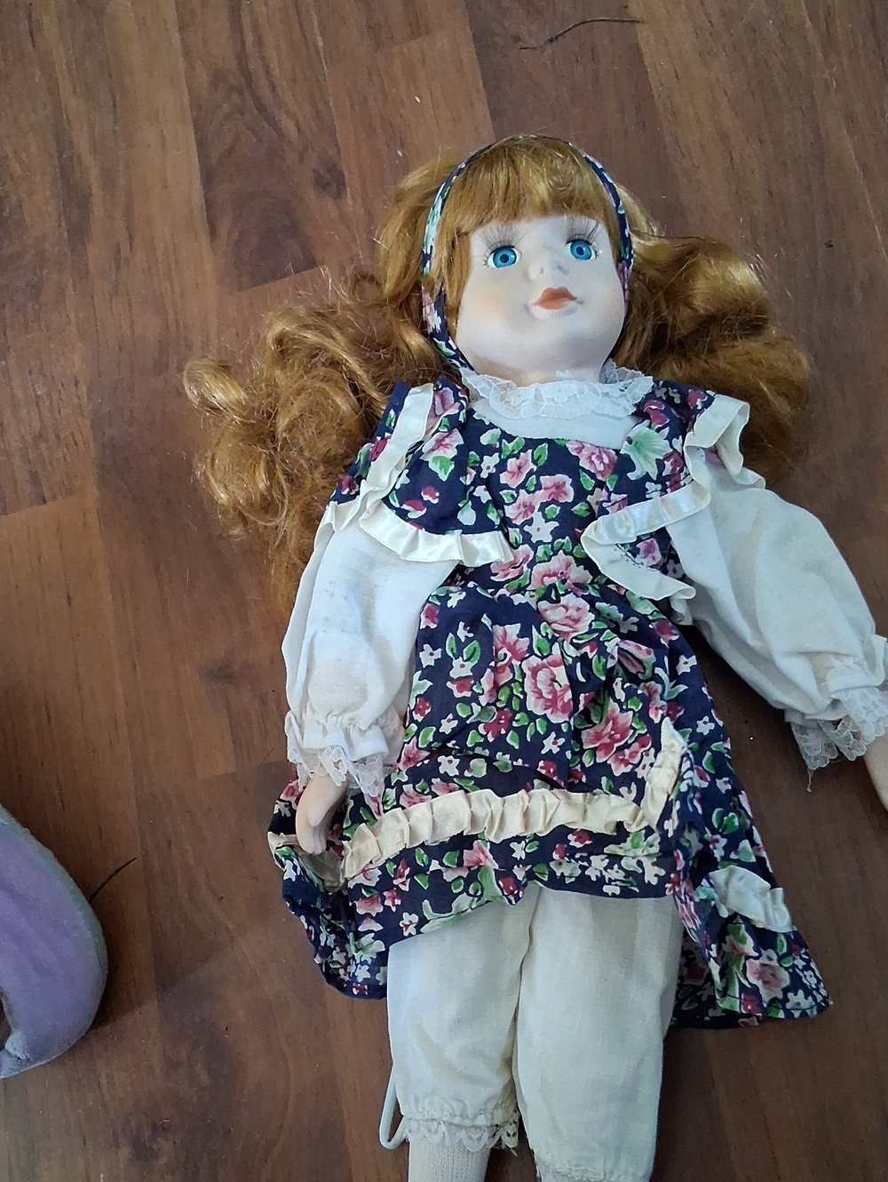Porcelain Doll with Floral Navy Dress - Navy & Cream